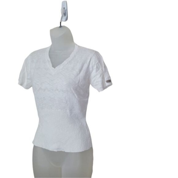 COLUMBIA Womens Sweater Open Knit V-Neck Pullover Sleeves Soft White Medium - Picture 8 of 9